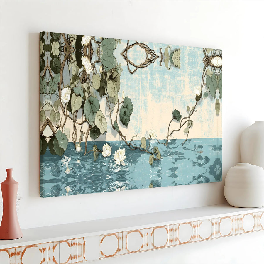Water Lily Canvas Wall Art | Vintage Japanese Style Lotus Pond | Premium Gallery Wrap Canvas | Zen Botanical Decor Gift for Home