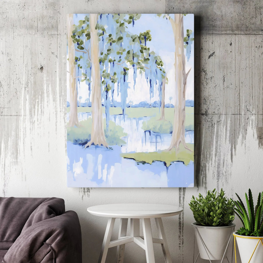 Southern Bayou Canvas Wall Art | Abstract Cypress Tree Painting with Spanish Moss | Premium Gallery Wrapped Canvas | Living Room Decor Gift