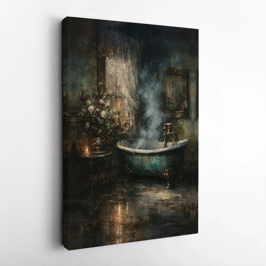 Vintage Clawfoot Bathtub Canvas Art | Moody Botanical Bathroom Wall Decor | Premium Gallery Wrap Print | Romantic Victorian Gift For Home
