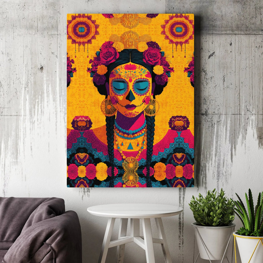 Day of the Dead Wall Art | Sugar Skull Woman Canvas Print | Premium Gallery Wrapped Decor | Dia de los Muertos Mexican Folk Art Gift