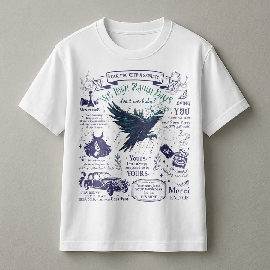 Rainy Days Raven T-Shirt | Gothic Romantic Book Quote Graphic Tee | 100% Premium Cotton | Gift for Book Lovers and Dark Academia Aesthetic Fans