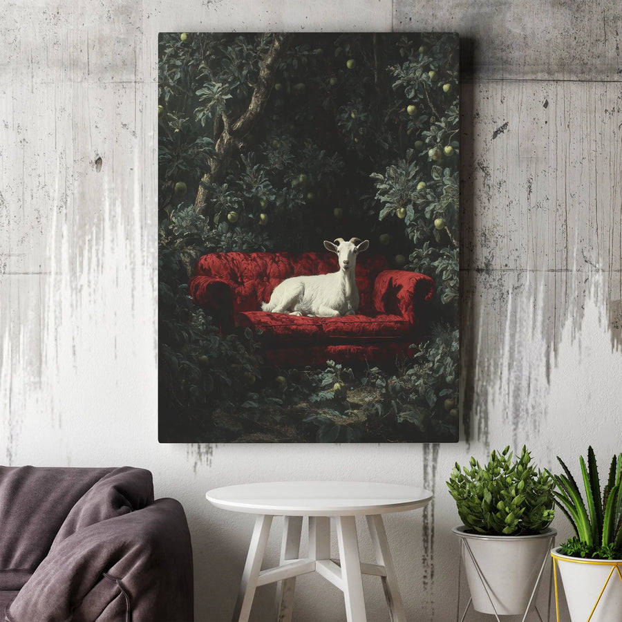Surreal Goat Canvas Wall Art | Vintage Painting Style on Red Velvet Couch | Premium Thick Gallery Canvas | Unique Gift for Eclectic Home Decor