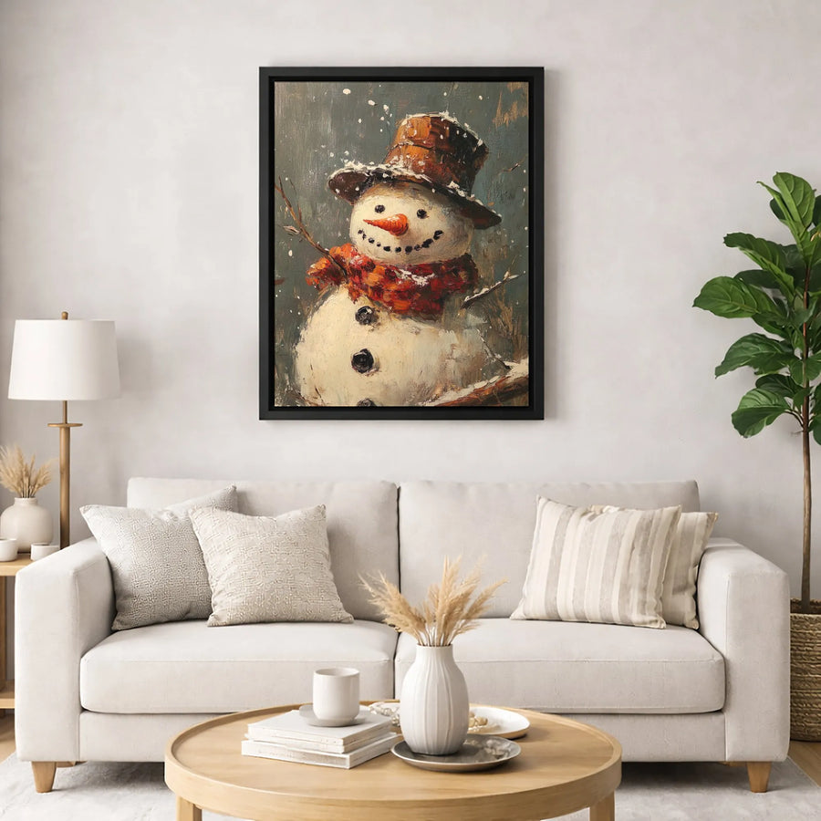 Snowman Oil Painting Canvas Wall Art | Rustic Winter Top Hat & Scarf Design | Premium Gallery Wrapped | Festive Holiday Home Decor Gift