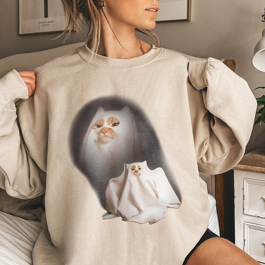 Ghost Cat Sweatshirt | Funny Meme Kitten Graphic | Premium Cotton Blend Crewneck | Unisex Halloween Gift for Cat Lovers
