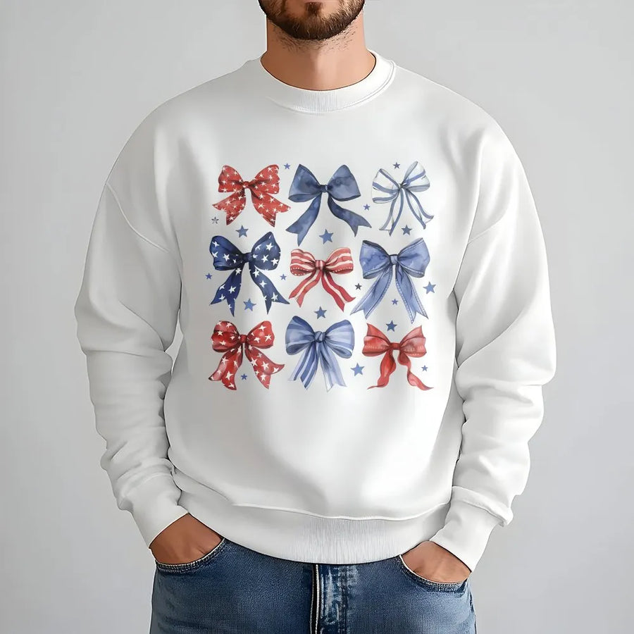 Patriotic Bows Sweatshirt | Watercolor American Flag Bows Print | Cozy Cotton Blend Pullover | 4th of July Gift for Women
