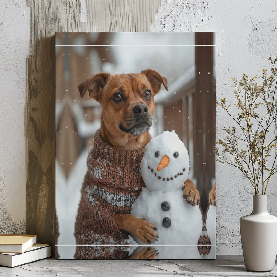 Dog Hugging Snowman Canvas Print | Winter Wonderland Pet Wall Art | 1.25-Inch Gallery Wrap | Cozy Holiday Home Decor Gift