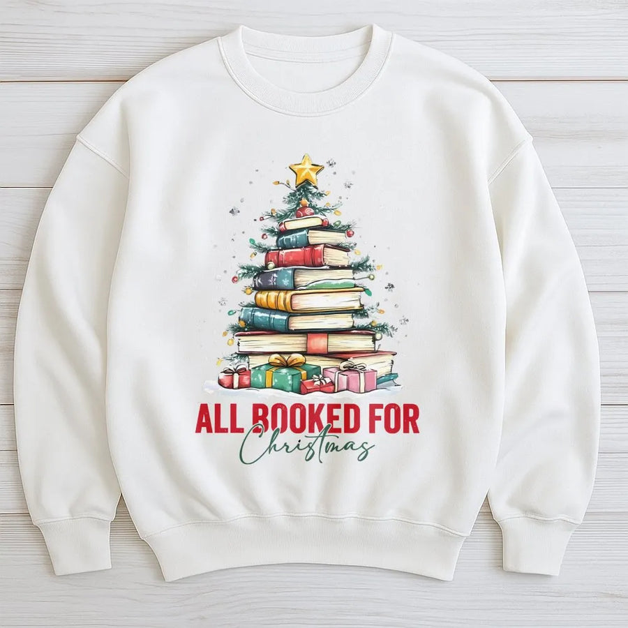All Booked For Christmas Sweatshirt | Book Tree Graphic Design | Premium Cotton Blend | Gift For Book Lovers, Librarians, Readers
