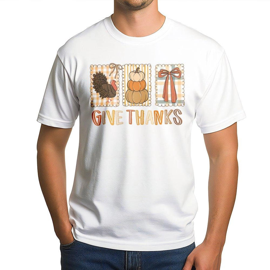 Give Thanks Thanksgiving T-Shirt | Whimsical Coquette Bow & Pumpkin Design | Premium 100% Cotton Tee | Cute Fall Graphic Shirt for Women