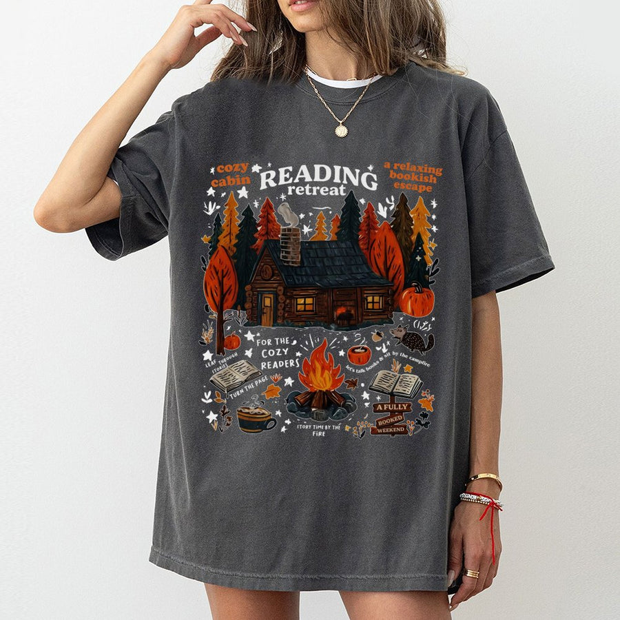 Cozy Cabin Reading Retreat T-Shirt | Bookish Fall Aesthetic Graphic | 100% Cotton Premium Tee | Reader Gift For Book Lovers