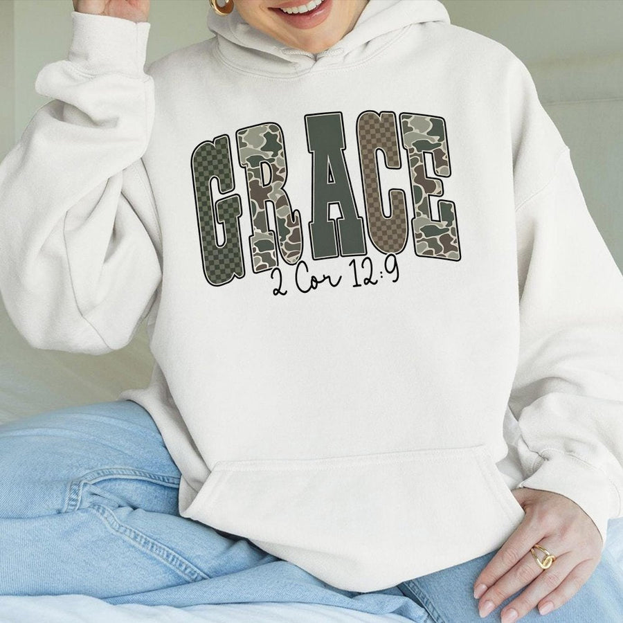 Grace Bible Verse Hoodie | Camo Print Christian Apparel | Premium Cotton Blend Sweatshirt | Faith Based Gift for Women & Men