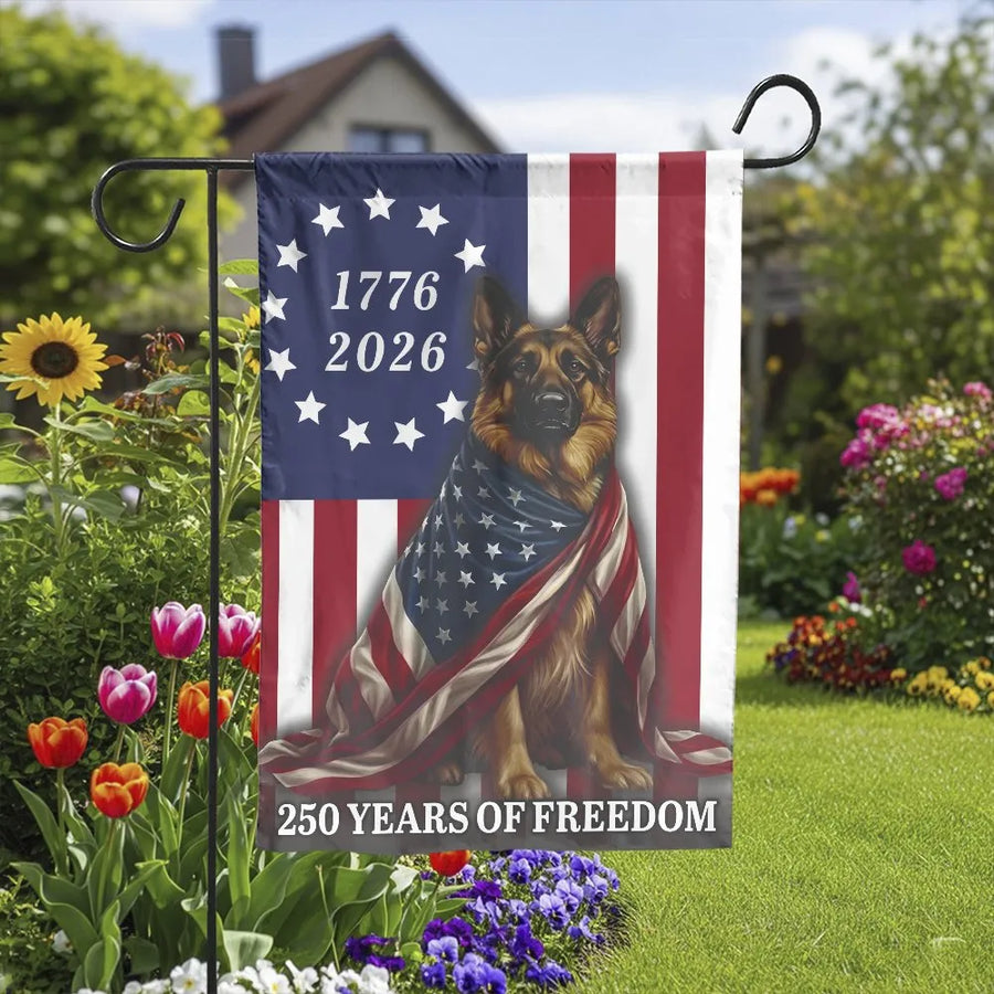 Patriotic German Shepherd Garden Flag | 250 Years of Freedom 1776-2026 US Semiquincentennial Double Sided | Weatherproof Polyester | American Dog Lover Gift