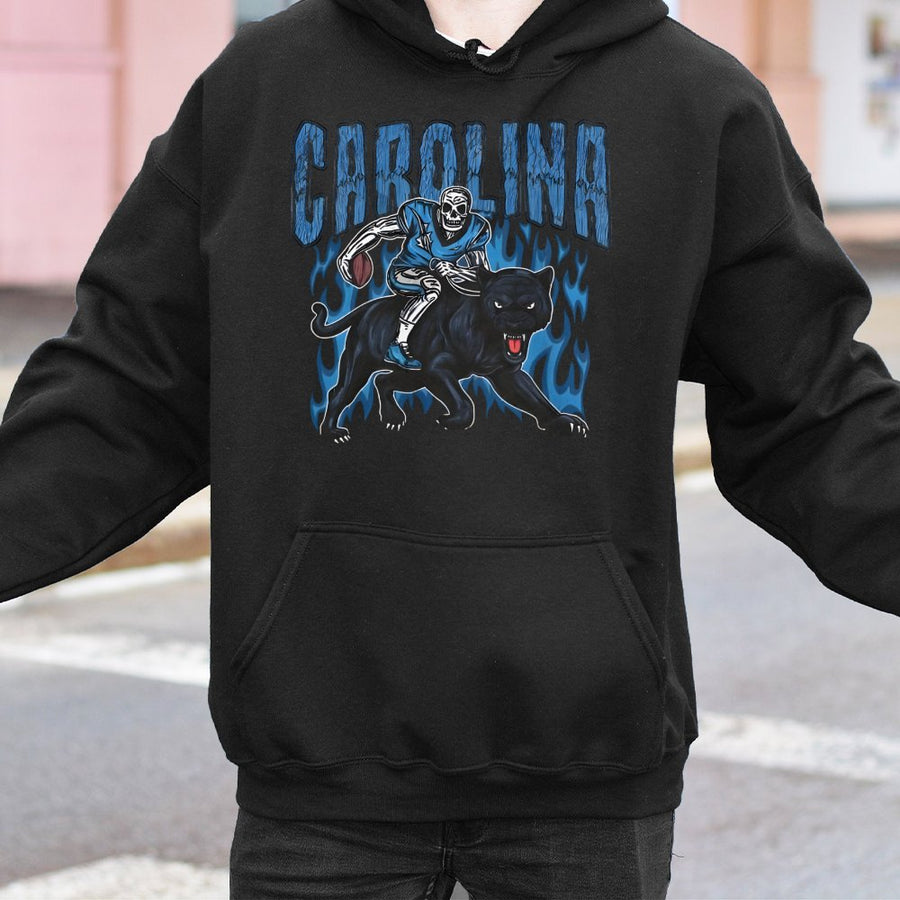 Carolina Skeleton Football Player Riding A Black Panther With Blue Flames Hoodie