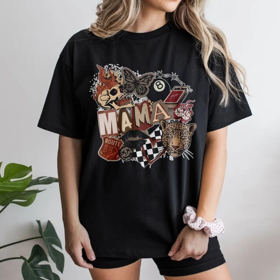 Western Mama T-Shirt | Grunge Collage Graphic with Leopard & Skull | Soft Premium Cotton | Unique Biker Mom Gift