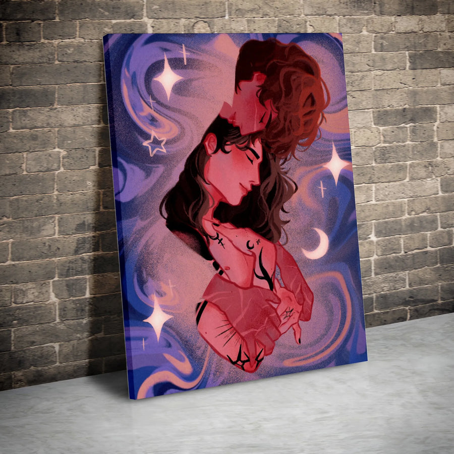 Celestial Couple Vertical Canvas | Romantic Starry Night Illustration | Premium Gallery Wrap Art | Cosmic Love Bedroom Decor Gift