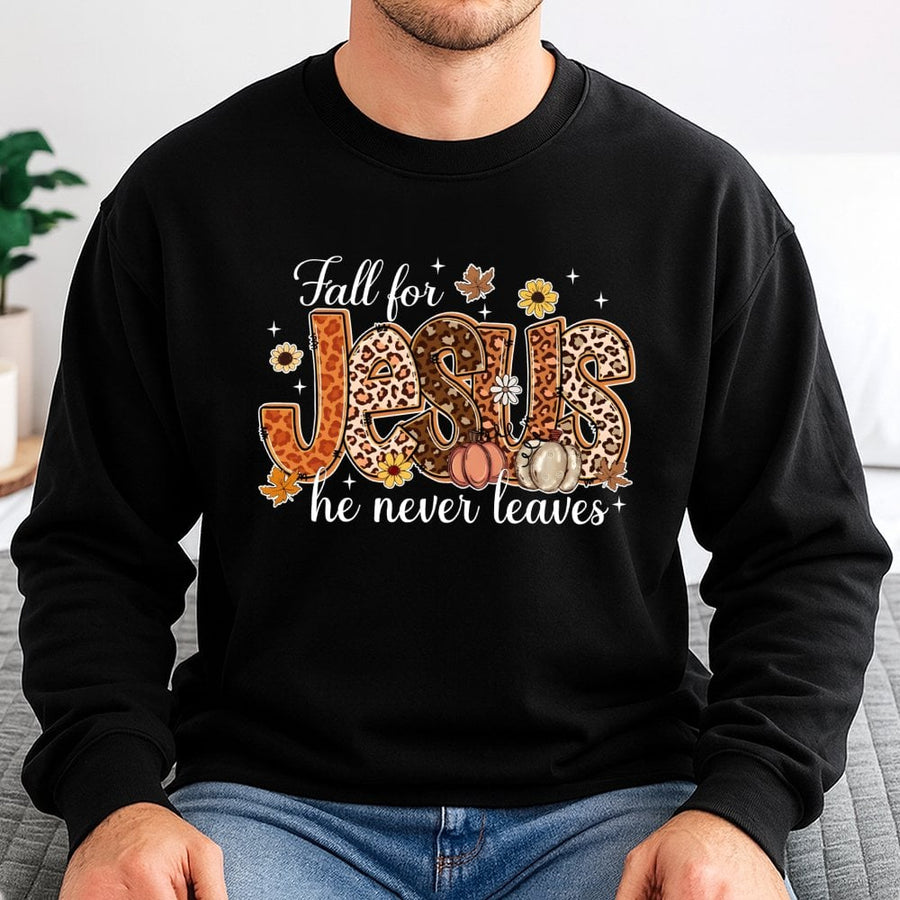 Fall For Jesus He Never Leaves Sweatshirt | Leopard Print Pumpkin Autumn Graphic | Premium Cotton Blend | Christian Fall Gift For Women