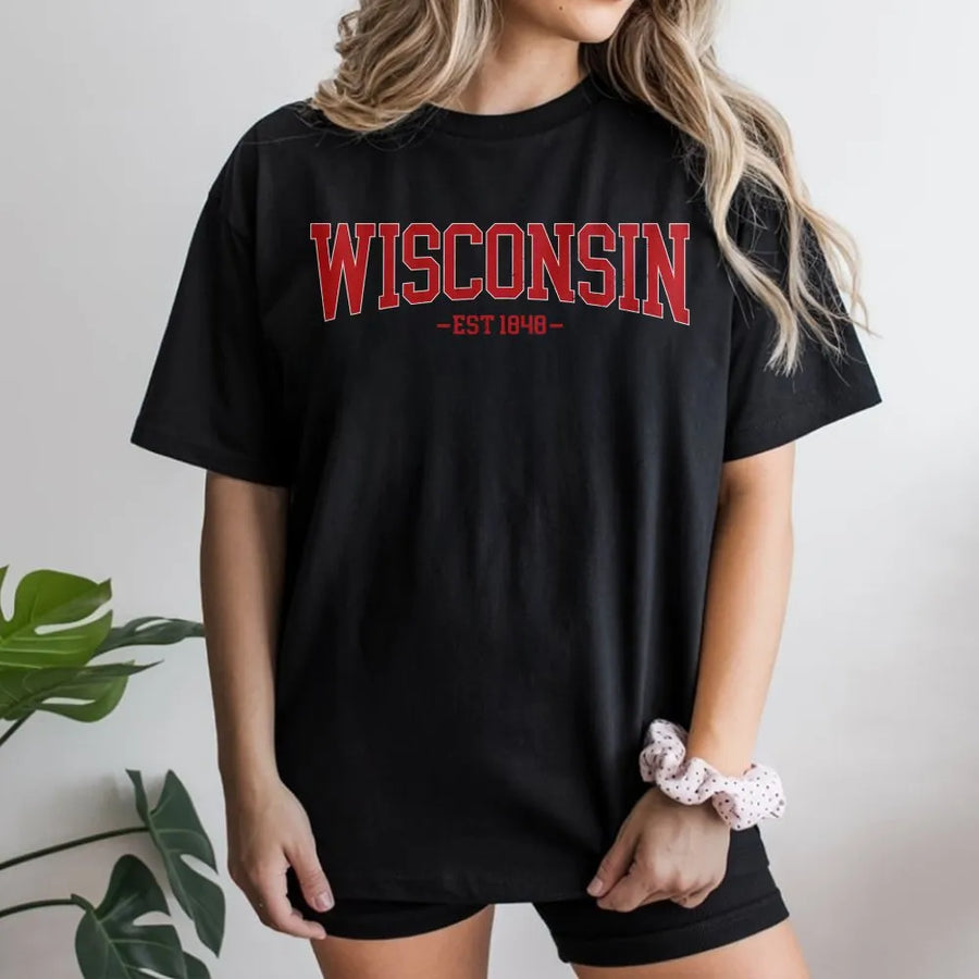 Wisconsin T-Shirt | Retro Collegiate EST 1848 Graphic | Soft Cotton | State Pride Souvenir Gift for Men and Women