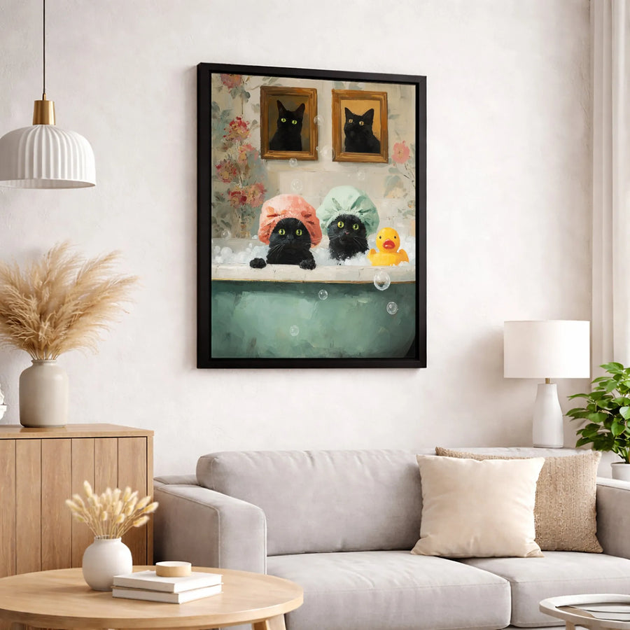 Black Cat Bubble Bath Canvas Wall Art | Funny Shower Cap Kittens Print | Premium 1.25" Gallery Wrap | Whimsical Bathroom Decor Gift for Cat Lovers