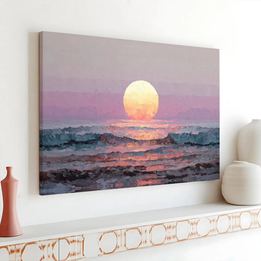 Impressionist Ocean Sunset Canvas | Textured Seascape Wall Art | Gallery Wrapped Premium Print | Modern Coastal Home Decor
