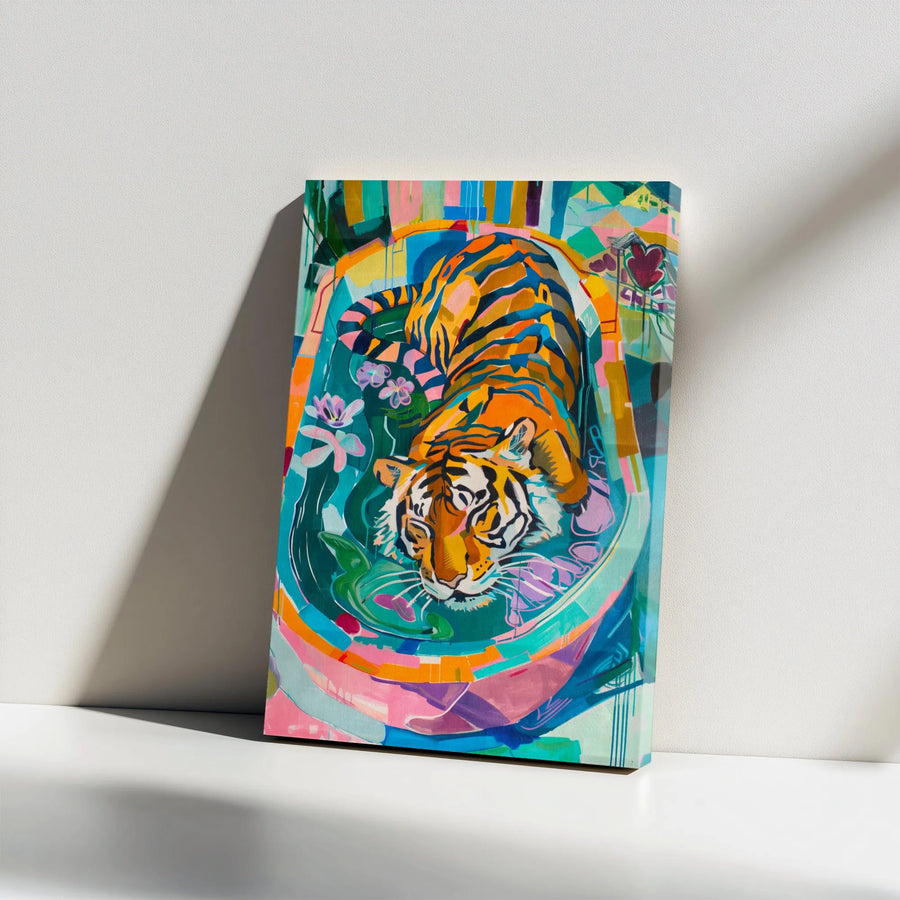 Abstract Tiger Vertical Canvas | Vibrant Jungle Cat Painting | Premium Gallery Wrapped Print | Modern Living Room Decor Gift