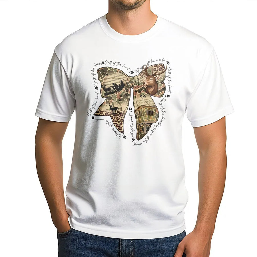 Hunting Bow Graphic T-Shirt | Camo Deer Print Coquette Aesthetic | Premium Soft Cotton Tee | Outdoorsy Gift for Women Hunters
