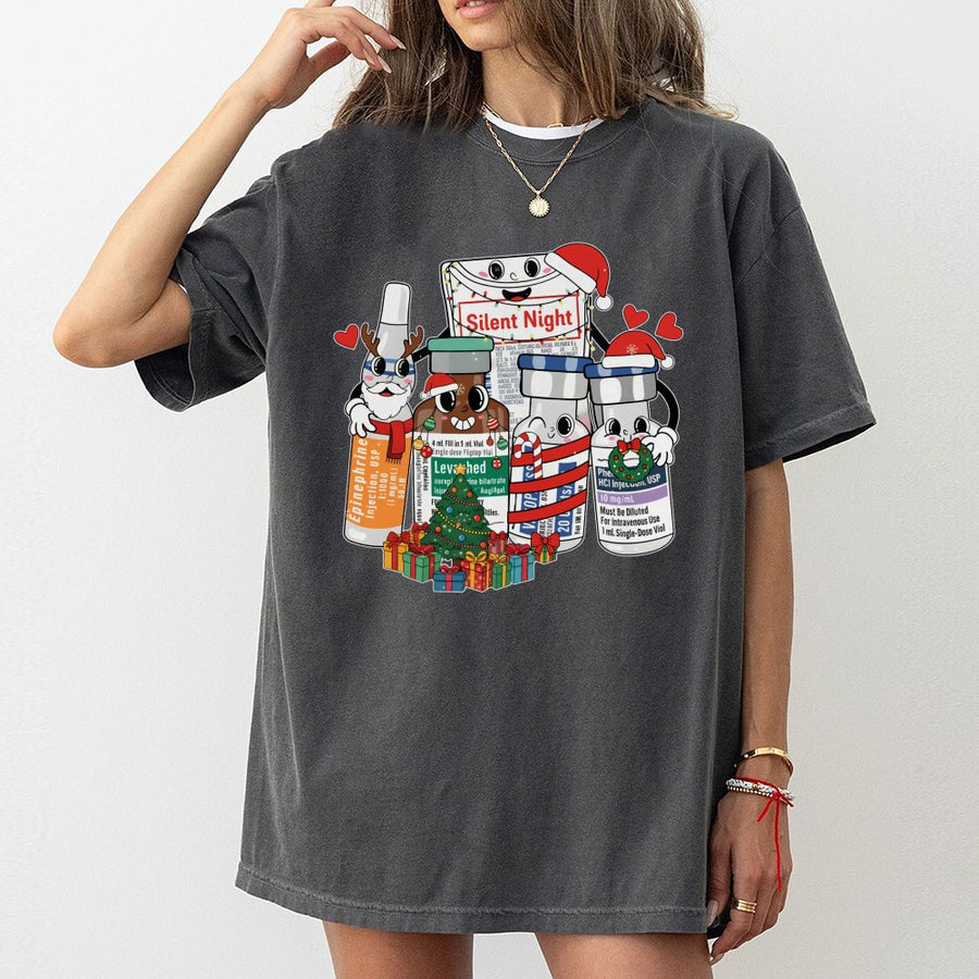 Silent Night Medical Christmas T-Shirt | Festive Medication Vial Graphic | 100% Cotton Premium Tee | Unique Gift for Nurses & Doctors