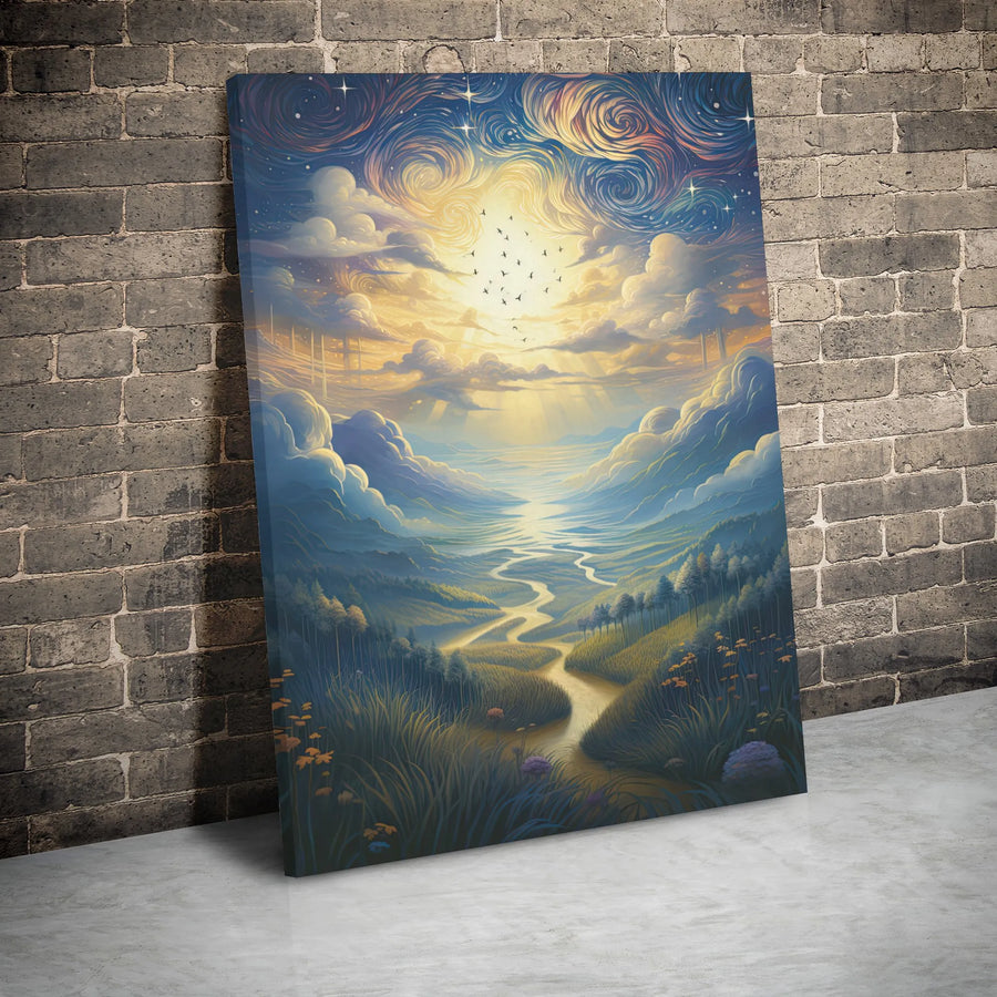 Fantasy Landscape Canvas Wall Art | Whimsical Winding River & Celestial Sky | 1.25-Inch Gallery Wrap | Dreamy Home & Office Decor Gift