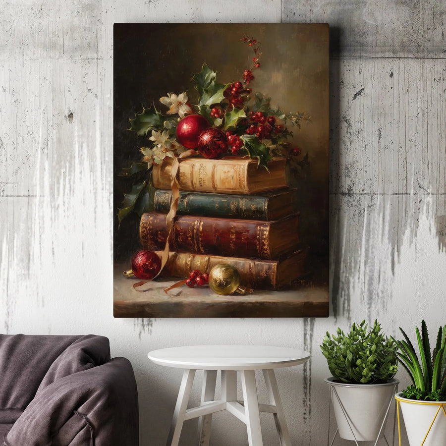 Christmas Still Life Canvas Print | Vintage Books And Holly Berries | Premium Fade-Resistant Wall Art | Festive Holiday Home Decor Gift