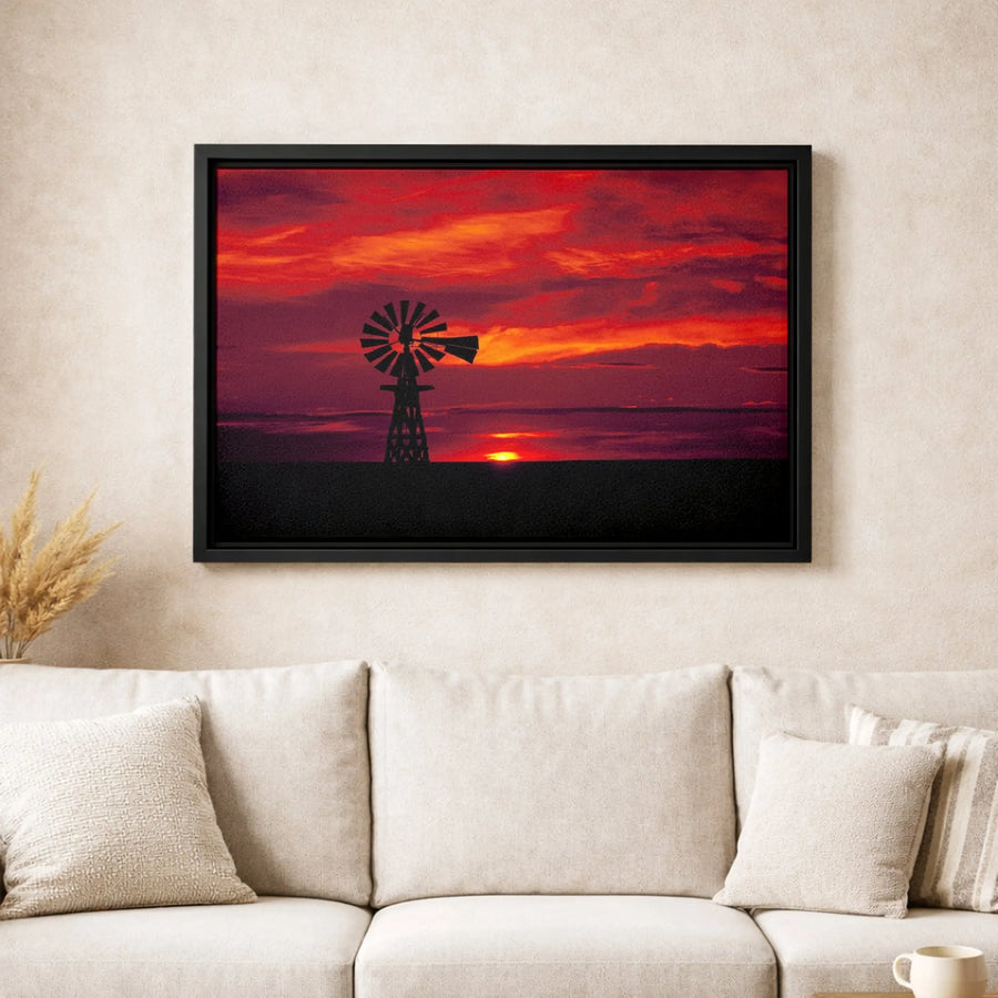 Windmill Canvas Wall Art | Red Sunset Landscape Silhouette | Premium Gallery Wrap Print | Rustic Farmhouse Decor Gift