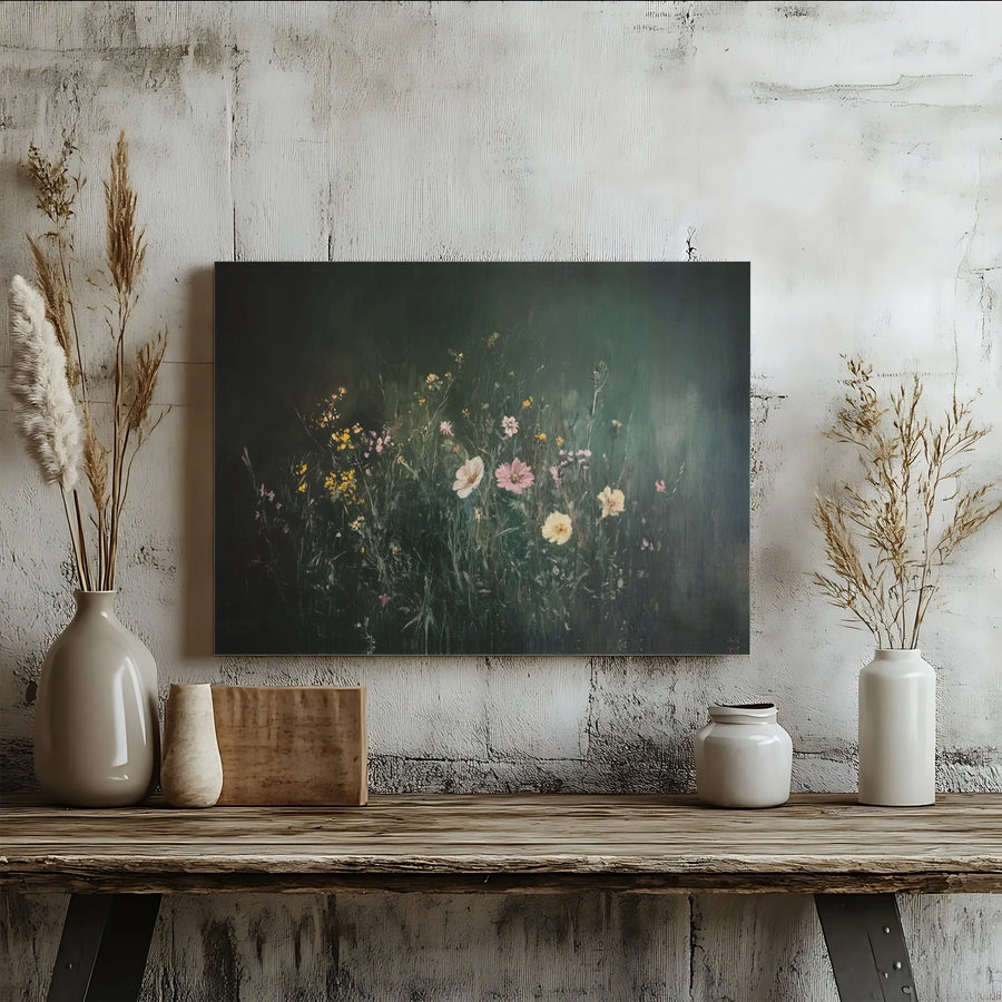 Moody Wildflower Meadow Canvas Print | Dark Botanical Wall Art | 1.25-Inch Gallery Wrap | Atmospheric Floral Decor for Modern Home