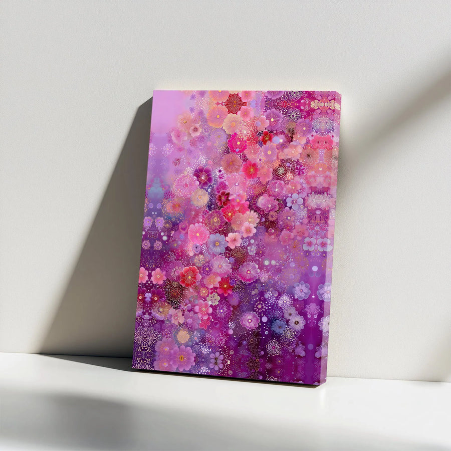 Abstract Floral Canvas Wall Art | Vibrant Pink and Purple Floral Cascade with Gold Accents | Premium Gallery Wrapped Canvas | Modern Botanical Home Decor Gift for Her