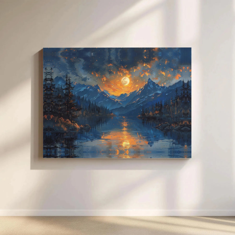 Mountain Lake Wall Art | Moody Night Landscape With Full Moon | Gallery Wrap Canvas | Nature Inspired Home Decor Gift