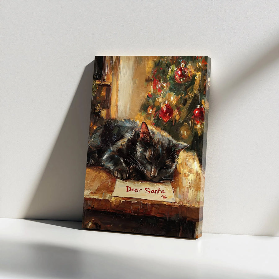 Christmas Cat Canvas Wall Art | Sleeping Black Cat with Santa Letter | Premium Gallery Print | Holiday Decor Gift for Cat Lover