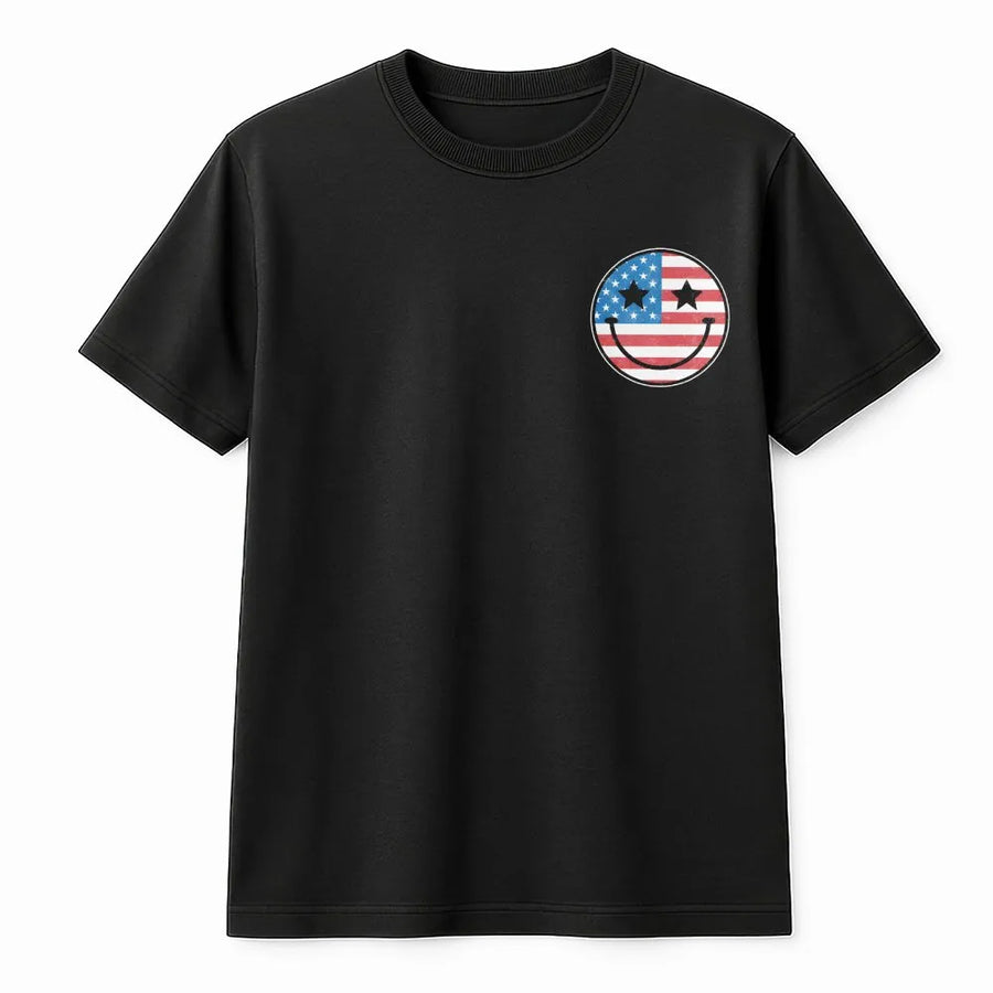 American Flag Smiley Face T-Shirt | Patriotic Graphic Crewneck | Soft Cotton Blend | 4th of July Gift for Men and Women