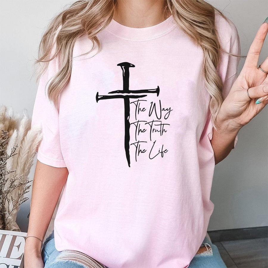 The Way The Truth The Life T-Shirt | Christian Cross Made Of Nails Graphic | 100% Cotton Premium Quality | Inspirational Faith Gift For Believers