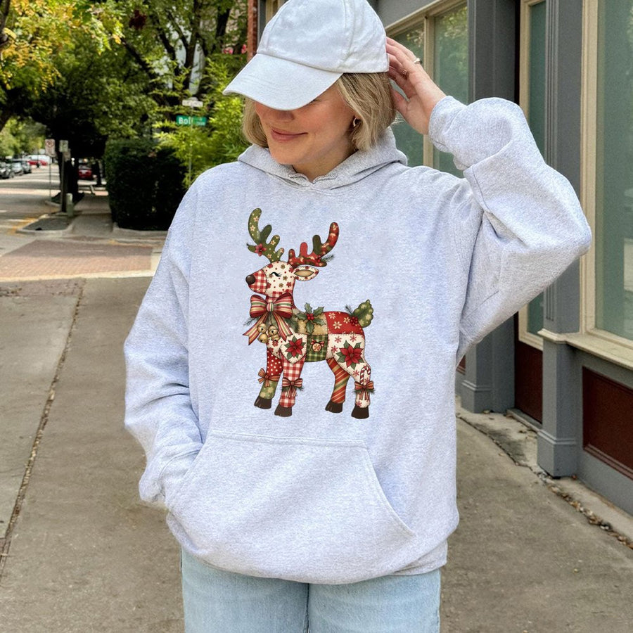 Christmas Reindeer Hoodie | Festive Patchwork Holiday Graphic | Premium Cotton Blend Sweatshirt | Cute Winter Gift for Women