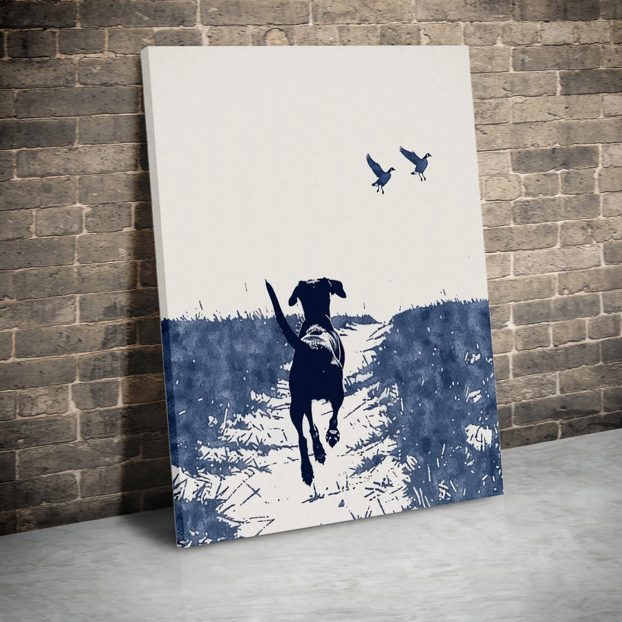 Hunting Dog Canvas Wall Art | Minimalist Labrador Retriever Chasing Ducks | Premium Gallery Wrapped Canvas | Gift for Hunter & Outdoorsman Cabin Decor