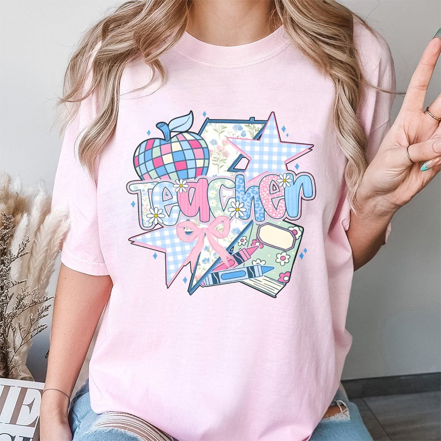 Teacher Aesthetic T-Shirt | Coquette Bow and Retro School Supply Graphic | 100% Cotton Premium Tee | Cute Appreciation Gift for Teachers