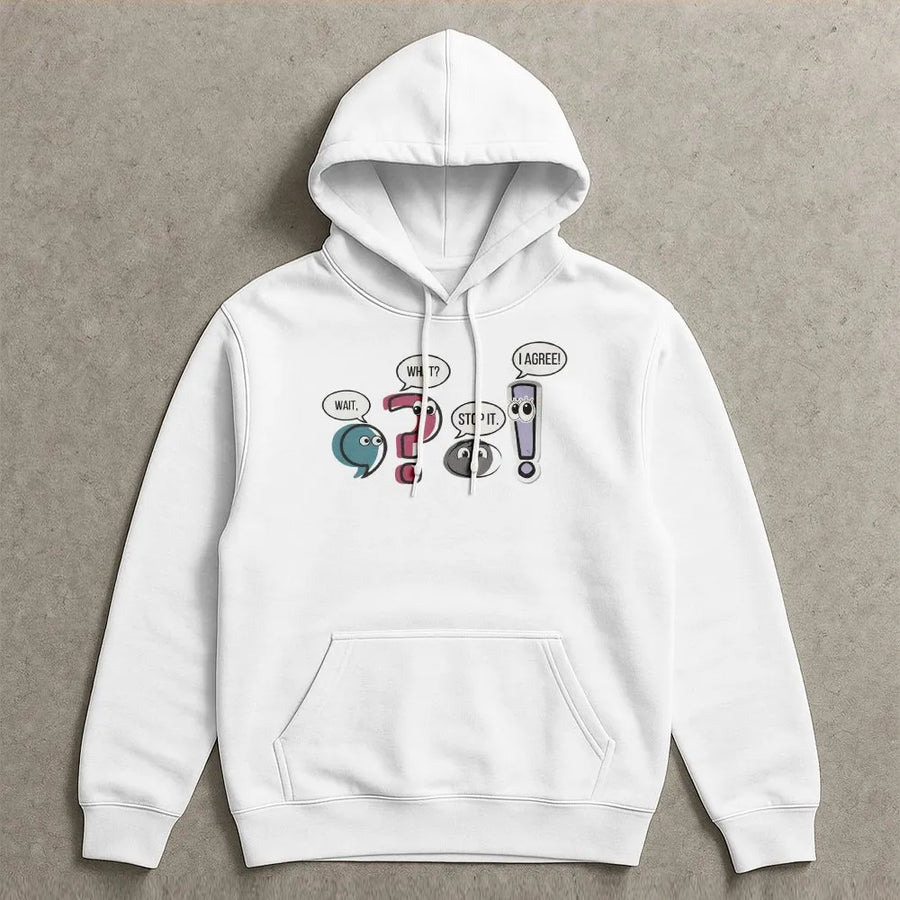 Funny Grammar Hoodie | Punctuation Marks Cartoon Sweatshirt | Soft Cotton-Poly Blend | Gift for English Teacher & Grammar Nerd