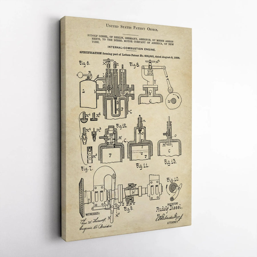 Rudolf Diesel Engine Patent Print | 1898 Mechanical Blueprint Wall Art | Premium Gallery Canvas | Gift for Engineers & Mechanics