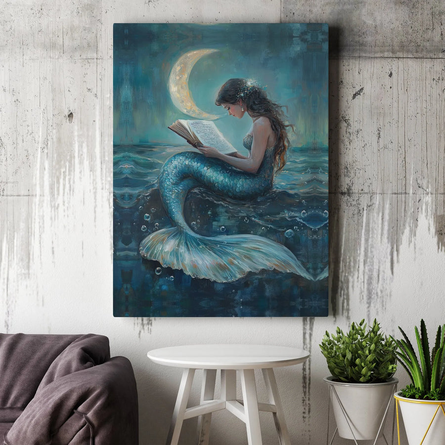 Mermaid Reading Canvas Print | Moonlit Ocean Book Lover Art | Premium Gallery Wrapped Canvas | Collector's Gift for Fantasy Art Lovers