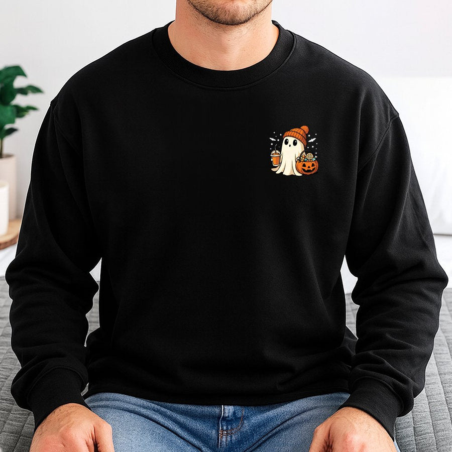 Cute Ghost Sweatshirt | Halloween Pumpkin Spice Latte Design | Cozy Cotton Blend Crewneck | Fall Graphic Apparel Gift for Her & Him