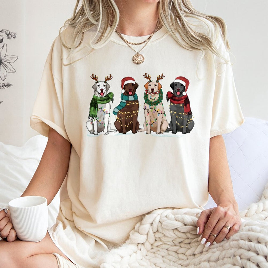 Christmas Labrador T-Shirt | Cute Dog Reindeer Antlers & Holiday Lights Design | 100% Cotton Premium Tee | Festive Gift for Dog Lovers