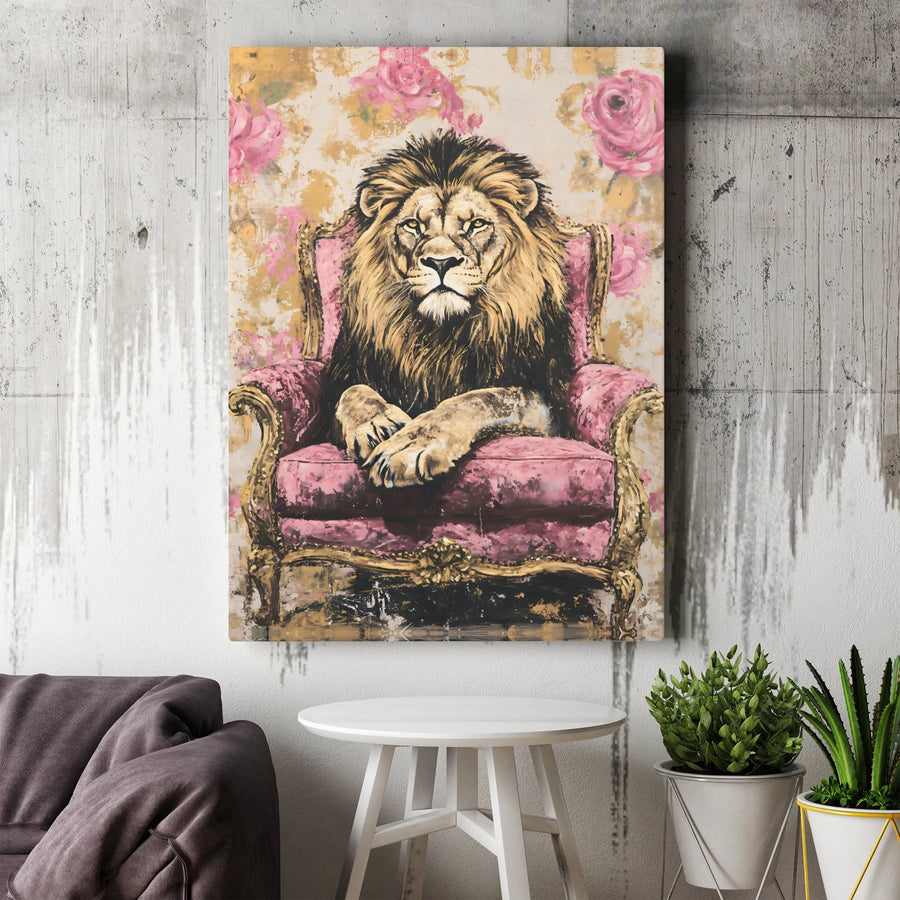 Lion Wall Art | Royal Lion in Pink Vintage Armchair Decor | Gallery Wrapped Premium Canvas | Majestic Animal Portrait Gift for Home Office
