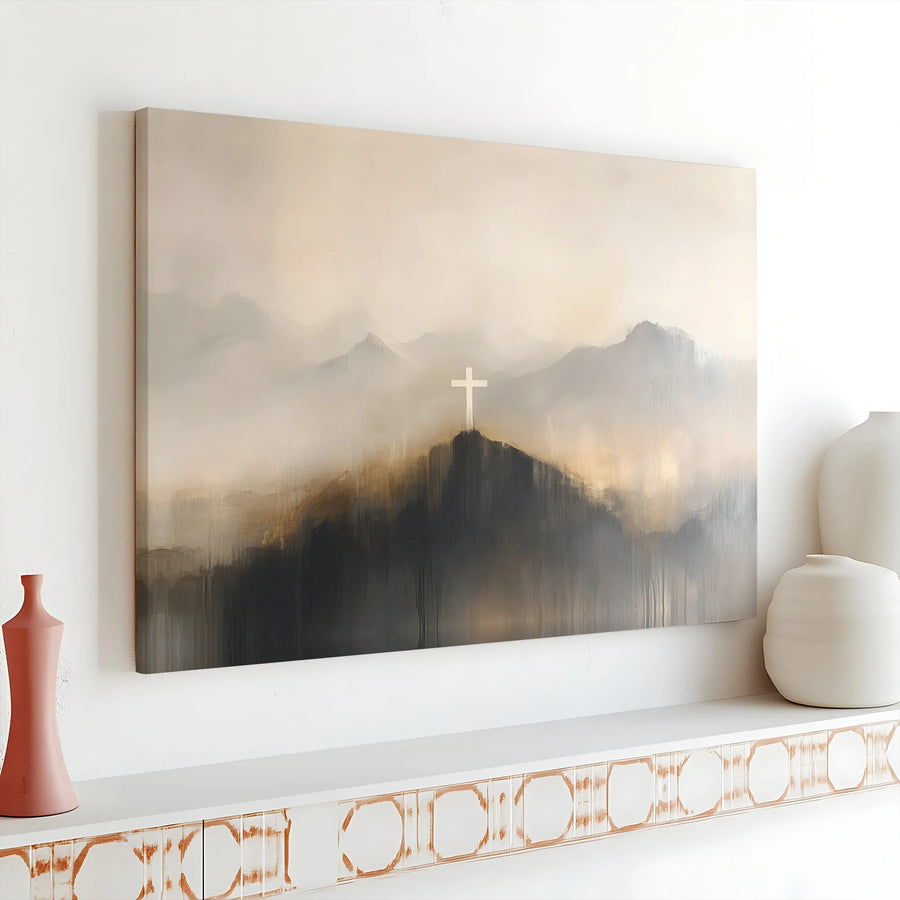 Christian Cross Canvas Wall Art | Misty Mountain Landscape Print | Premium 1.25" Gallery Wrap | Religious Home Decor Gift