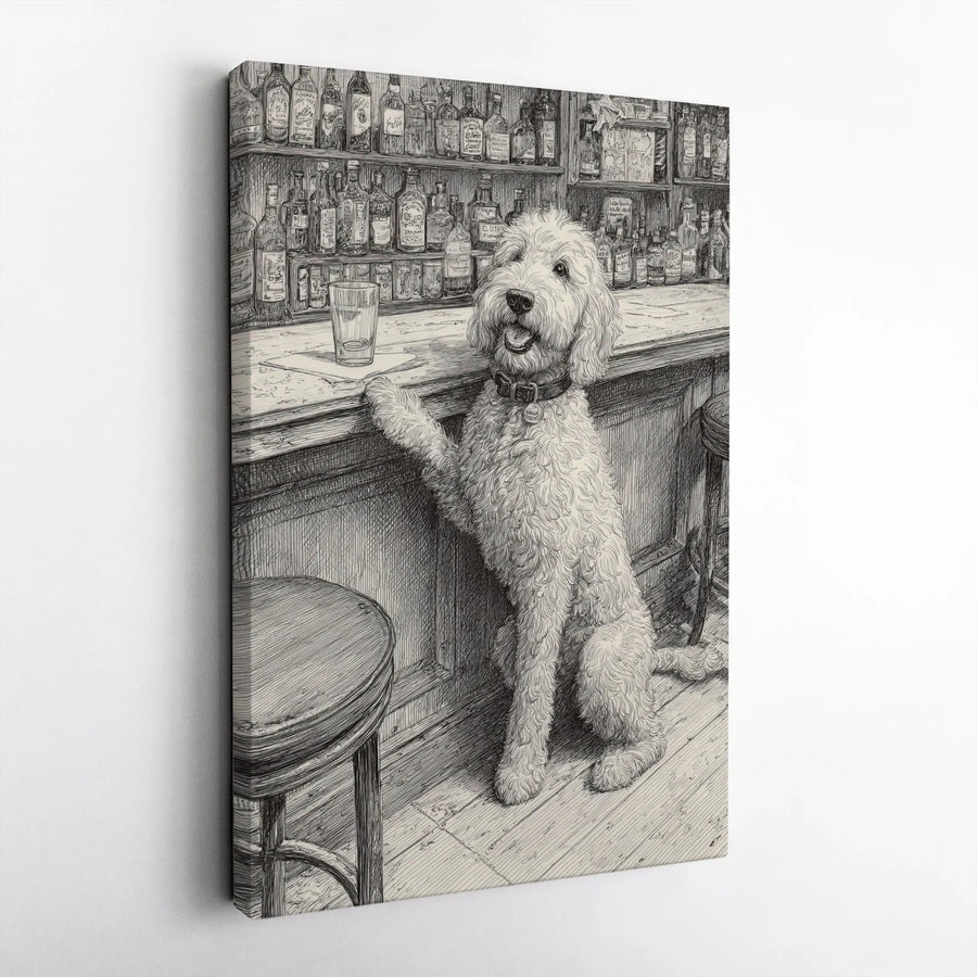 Goldendoodle Dog Canvas Art | Whimsical Bar Sketch Wall Decor | Premium 1.25 Inch Gallery Wrap | Perfect Gift For Dog Lovers & Tavern Enthusiasts