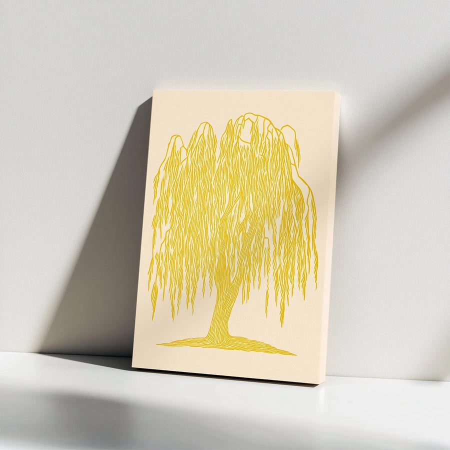 Weeping Willow Tree Vertical Canvas | Minimalist Golden Line Art | Premium Gallery Canvas Print | Modern Boho Home Decor Gift
