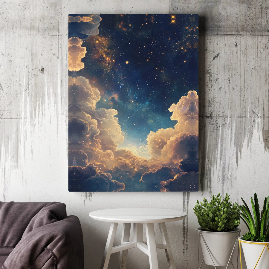 Celestial Night Sky Canvas Print | Golden Clouds & Stars Painting | Premium Frameless Gallery Wrap | Modern Home Decor Gift