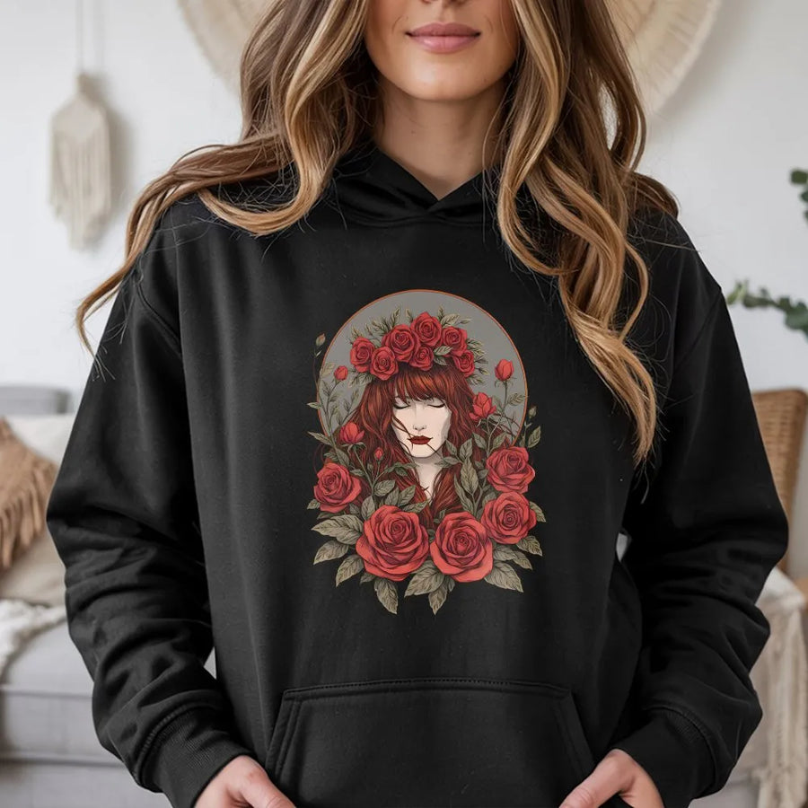 Indie Folk Floral Portrait Hoodie | Red Rose Aesthetic Graphic Design | Premium Cotton Blend | Music Lover Concert Gift for Her