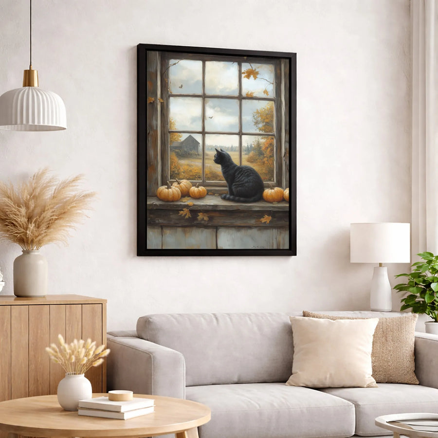 Black Cat Wall Art | Autumn Farmhouse Window Scene with Pumpkins | Premium Gallery Canvas | Cozy Fall Seasonal Home Decor Gift