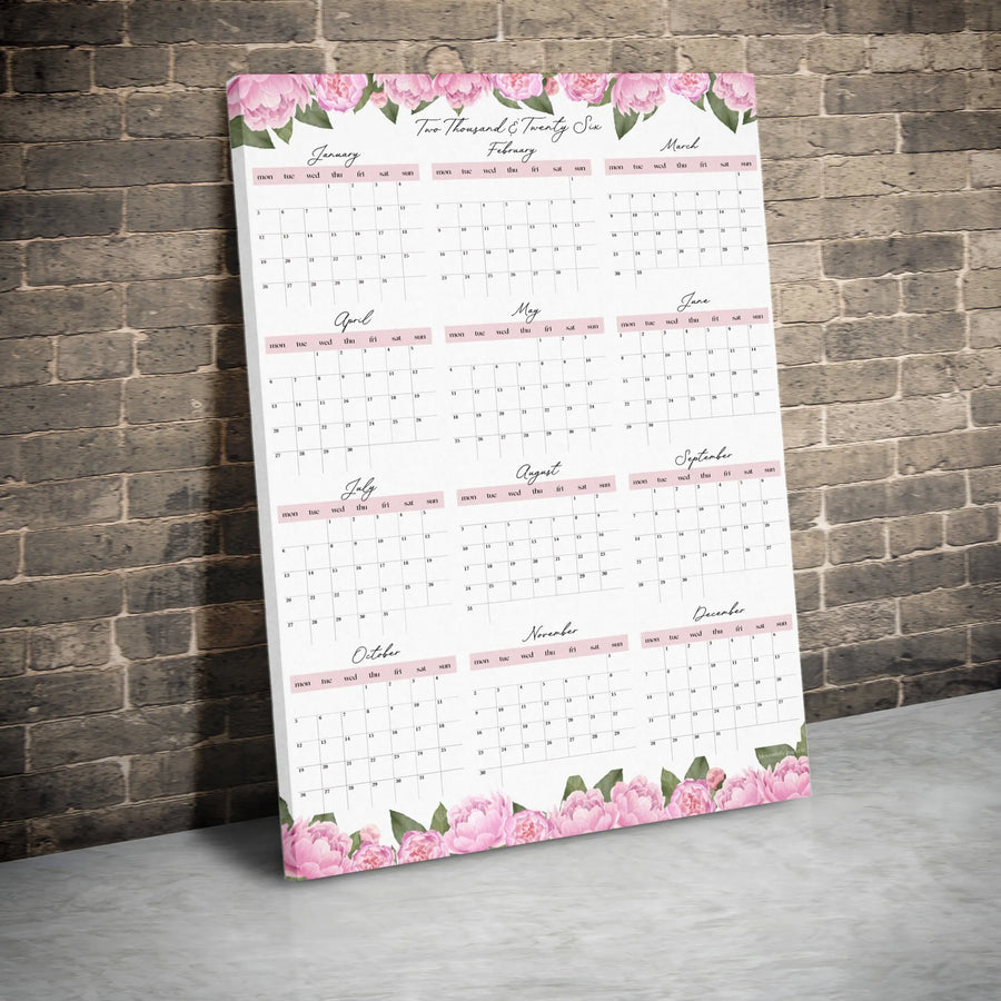 2026 Calendar Wall Art | Pink Peony Floral Print | Premium Gallery Wrap Canvas | Home & Office Decor Gift